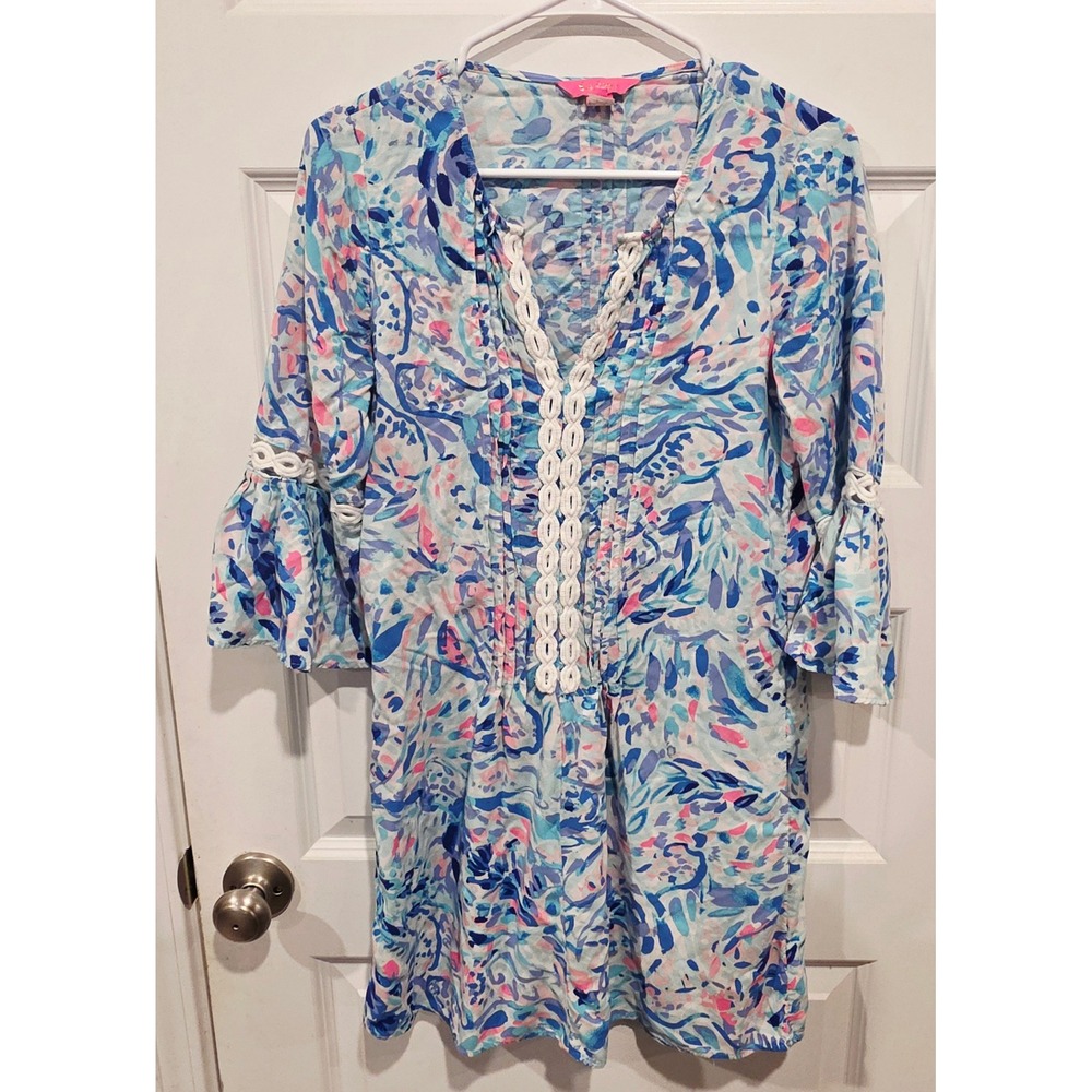 Lilly Pulitzer Shift Dress Womens S Blue Cotton Boho Lace Bell Sleeve Coastal